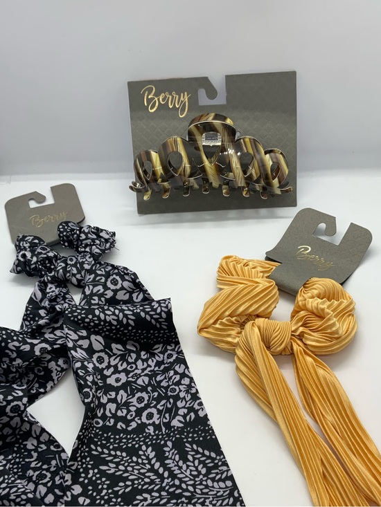 Hair Accessory Set — Black & White Floral Scarf + Mustard Yellow Scrunchie.